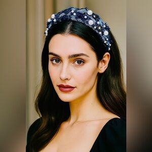 Royal Denim Pearl & Rhinestone Knot Headband